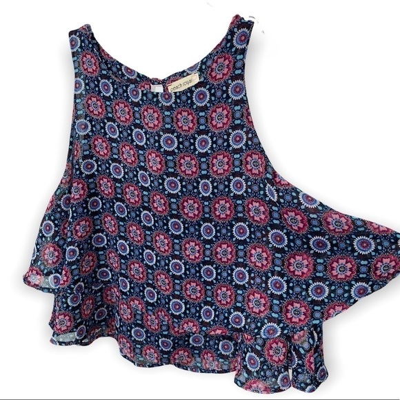 Peach Royal Blue Tank Top w Floral Bright Print Size Small - Picture 4 of 4